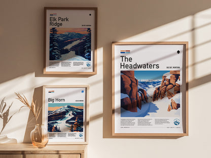 Framed artwork on a sunlit wall includes posters of Elk Park Ridge, The Headwaters, and Big Horn, showcasing stylized mountain landscapes with snowy peaks and pine trees.