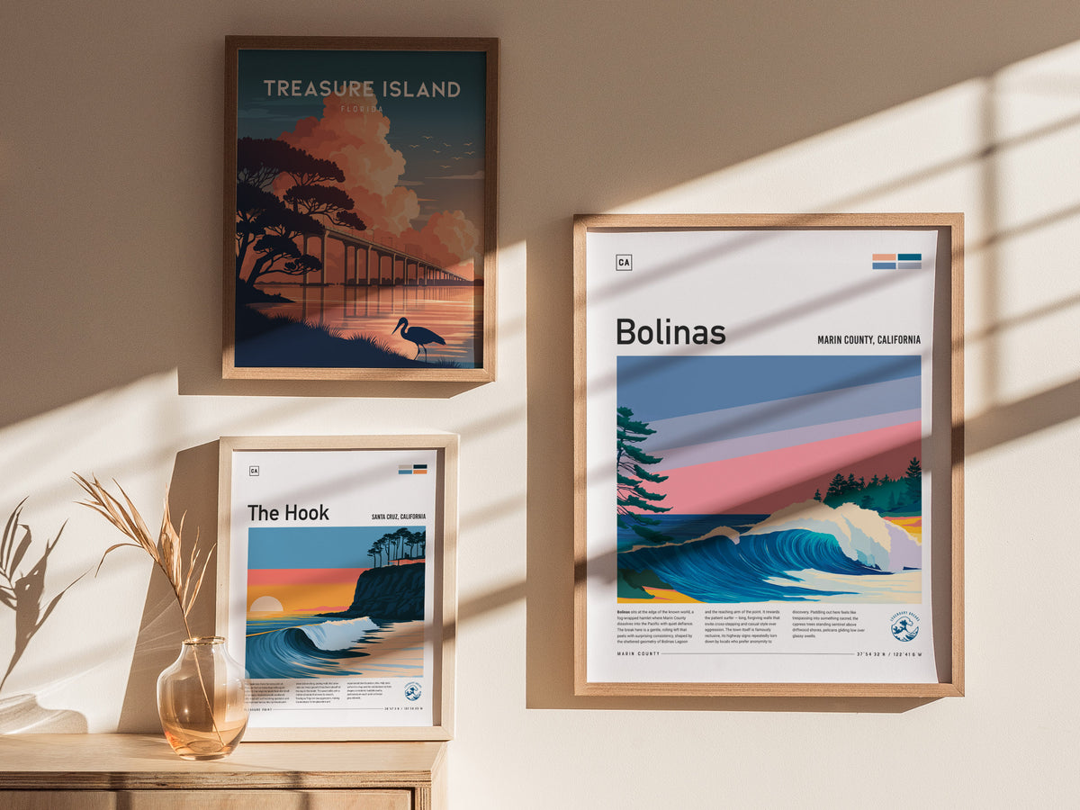 Bolinas, Marin County, California Poster | Misty Cliffs & Surf Wall Art — styled in a modern interior