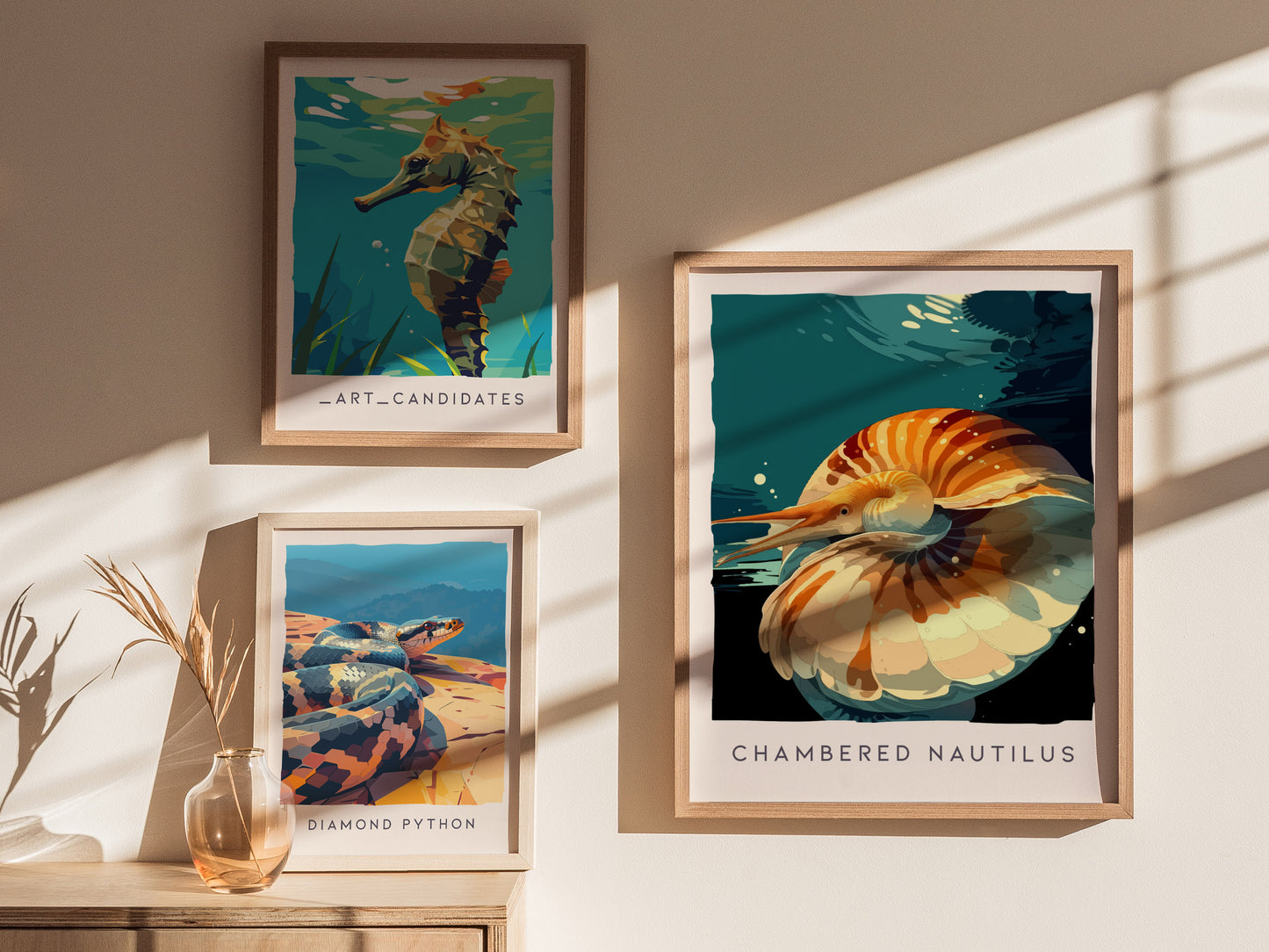 Chambered Nautilus Poster | Golden Spiral Shell Wildlife Wall Art — styled in a modern interior