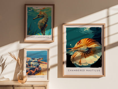 Chambered Nautilus Poster | Golden Spiral Shell Wildlife Wall Art — styled in a modern interior