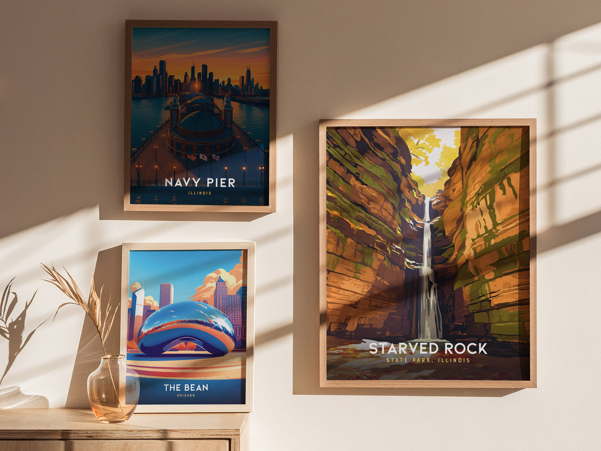 Starved Rock State Park, Illinois Poster | Canyon Waterfall Destination Print Wall Art — styled in a modern interior