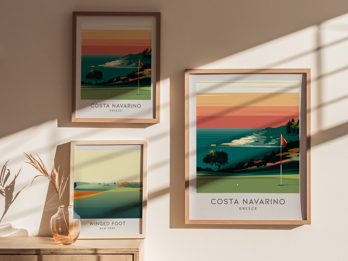 Costa Navarino Matte Border Poster | Greece Golf Course Print & Country Club Decor — styled in a modern interior