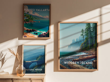 Whidbey Island, Washington Poster | Evergreen Shores & Sailboat Wall Art — styled in a modern interior