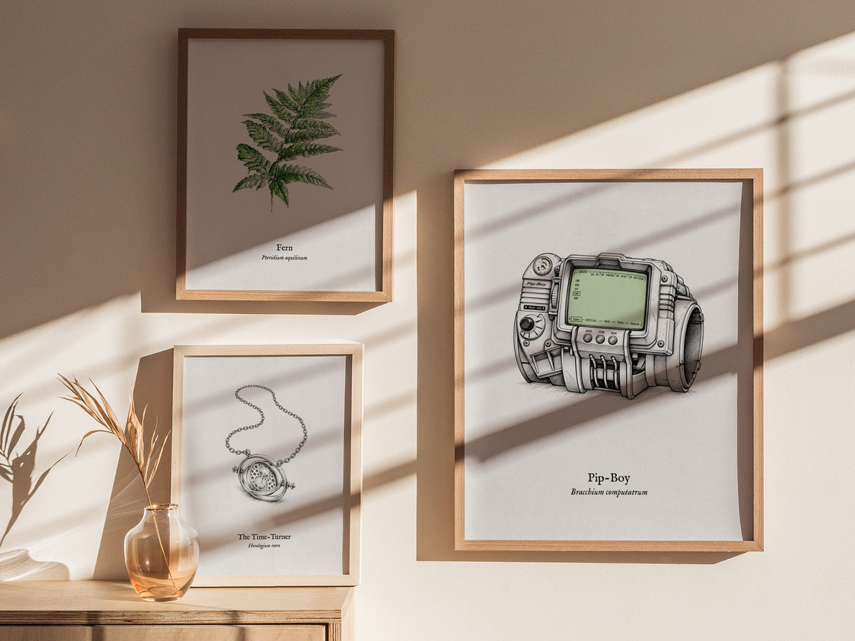 Pip-Boy Poster | Bracchium Computatrum Vintage Scientific Ink Illustration Wall Art — styled in a modern interior
