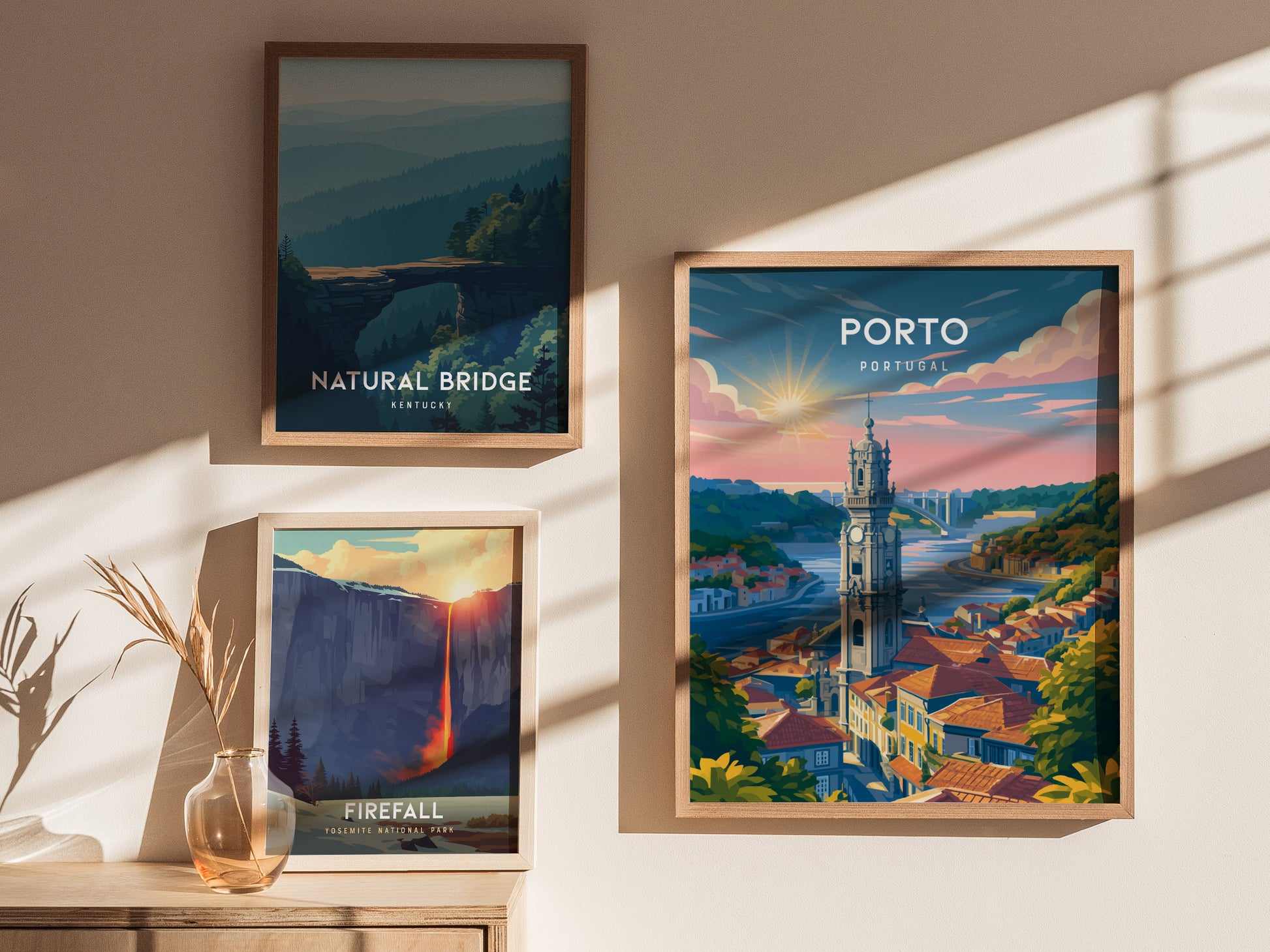 Porto, Portugal Poster | Rabelo Boats & Colorful Riverfront Wall Art — styled in a modern interior