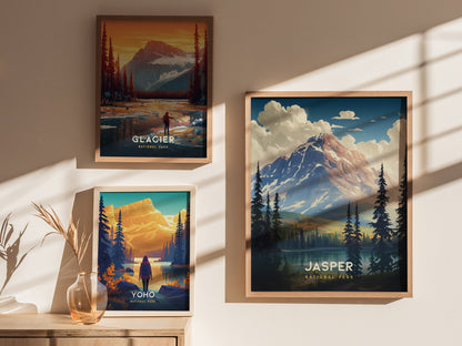 Three framed posters hang on a wall, depicting scenic landscapes of Glacier, Yoho, and Jasper National Parks. Sunlight casts shadows, enhancing the warm, inviting atmosphere.