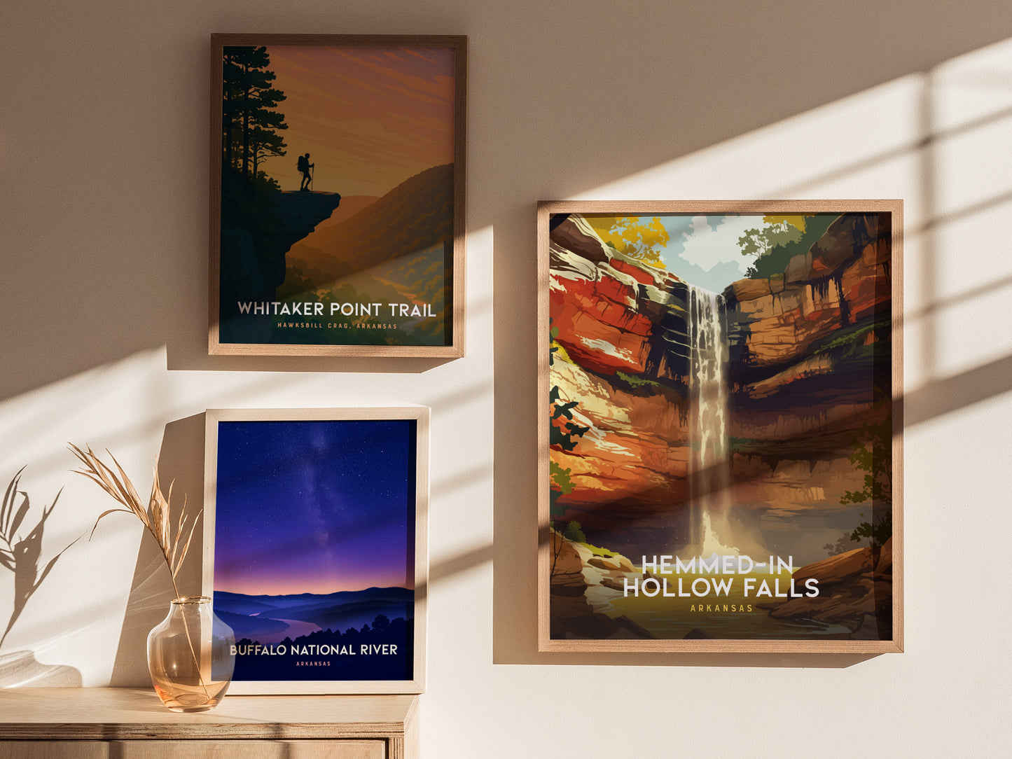 Vibrant illustration of Hemmed-In Hollow Falls in Arkansas, showcasing a cascading waterfall surrounded by lush vegetation and rocky cliffs.