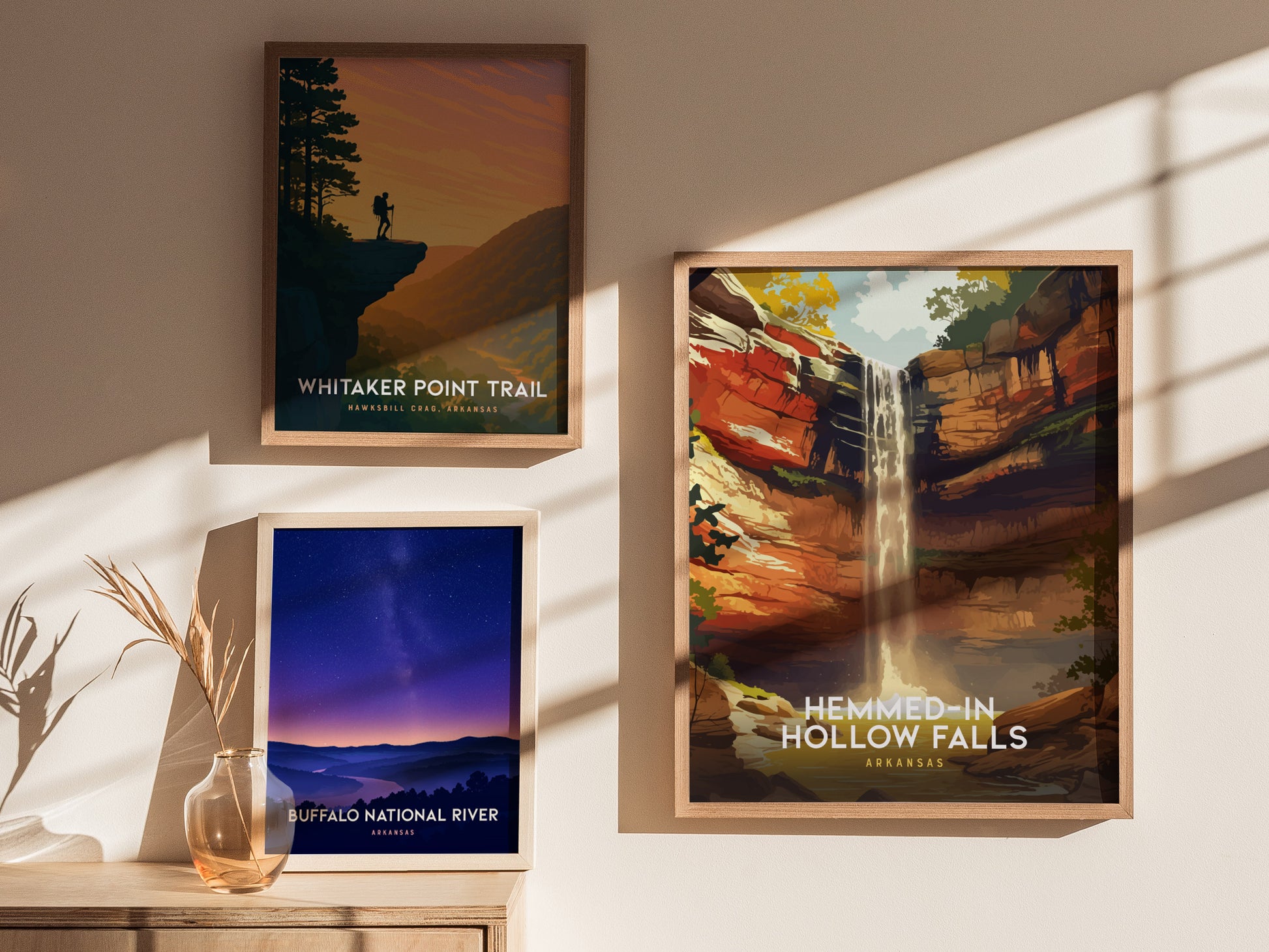 Vibrant illustration of Hemmed-In Hollow Falls in Arkansas, showcasing a cascading waterfall surrounded by lush vegetation and rocky cliffs.