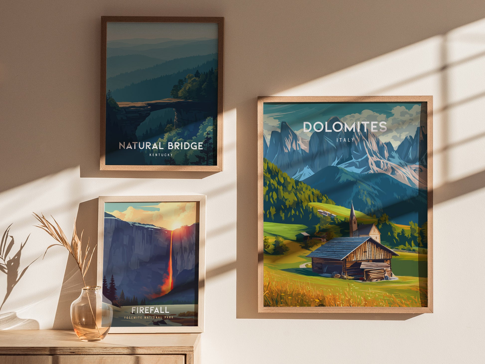 Dolomites, Italy Poster | Alpine Peaks & Meadow Travel Wall Art — styled in a modern interior