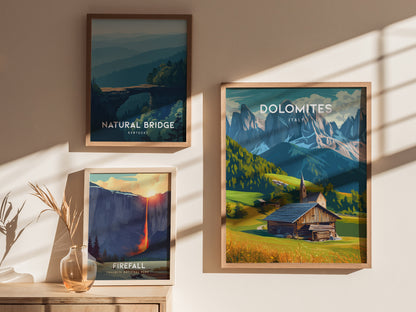 Dolomites, Italy Poster | Alpine Peaks & Meadow Travel Wall Art — styled in a modern interior