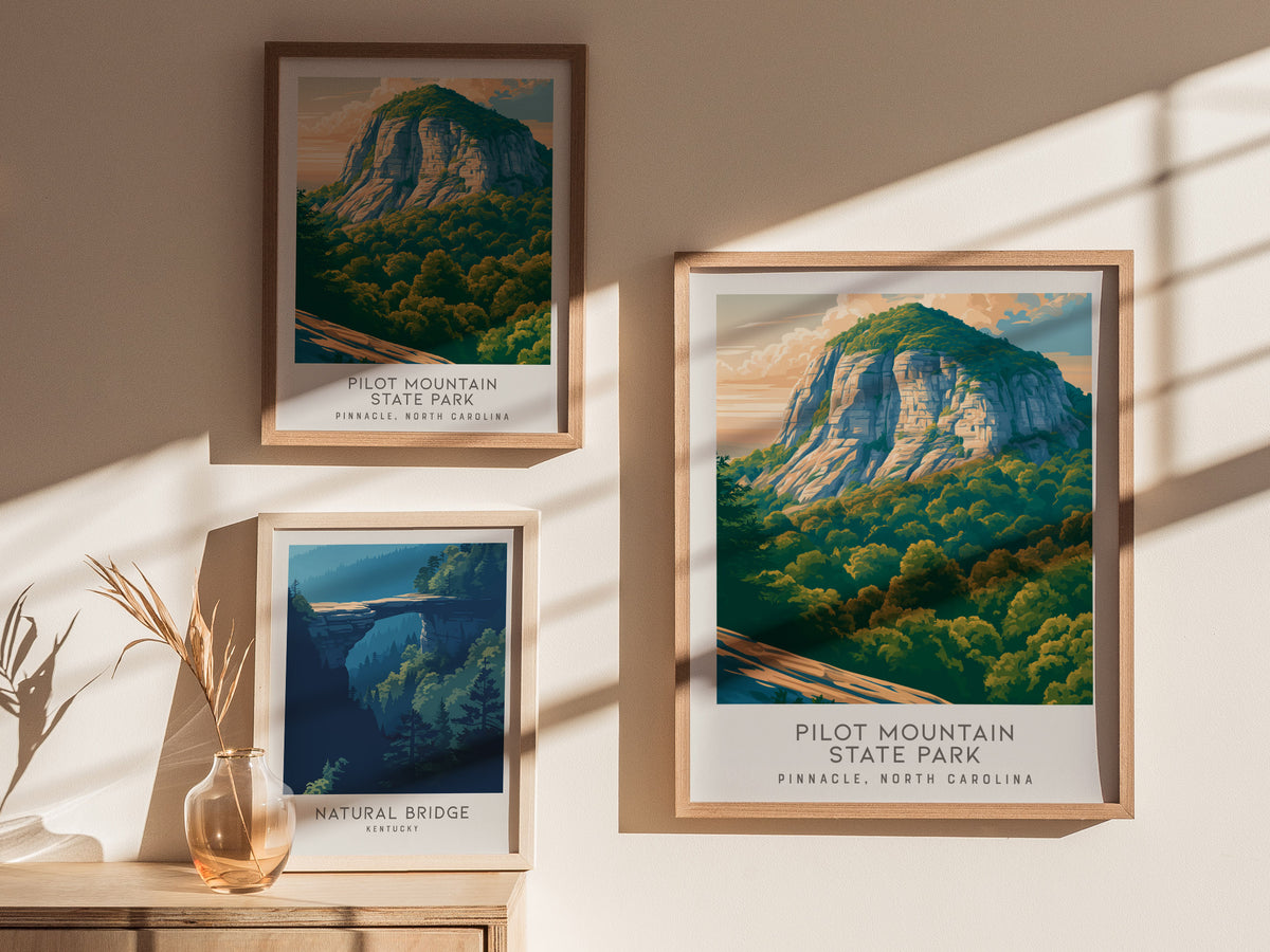 Pilot Mountain State Park Matte Border Poster | Pinnacle, North Carolina Destination Print — styled in a modern interior