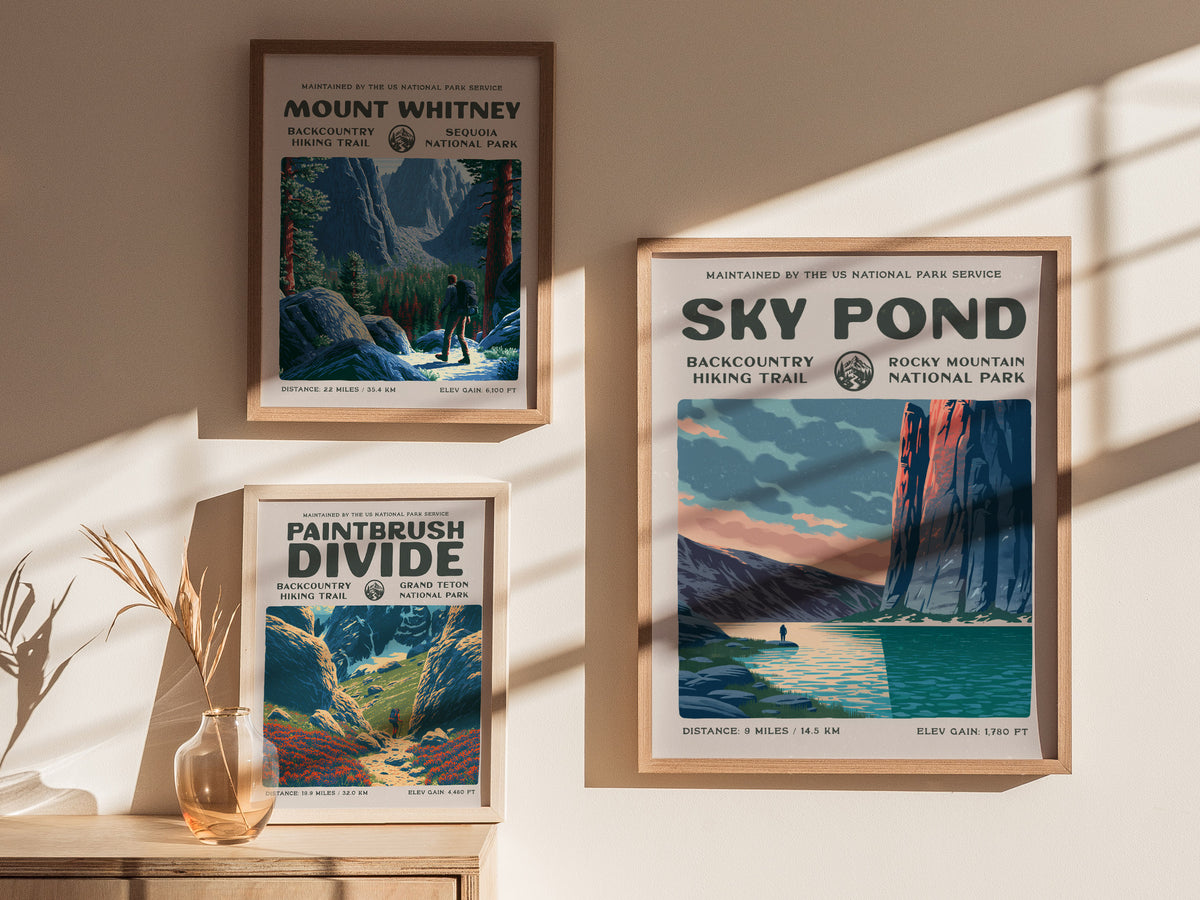 Sky Pond, Rocky Mountain National Park Poster | Hiker Gift | Backcountry Trail Wall Art — styled in a modern interior