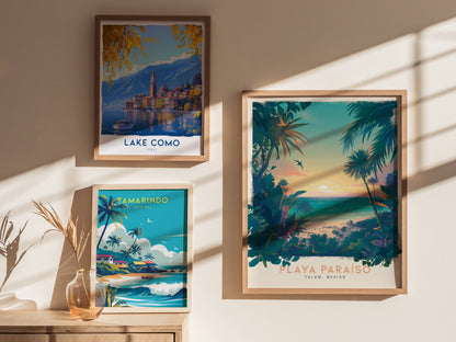 Three framed posters on a beige wall depict Lake Como, Tamarindo, and Playa Paraiso, showcasing scenic landscapes and tropical themes. Sunlight casts shadows across the arrangement.