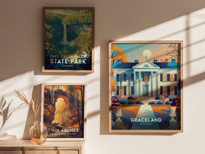 Three framed posters hang on a sunlit wall, depicting Fall Creek Falls State Park, Twin Arches, and Graceland in vibrant colors, each showcasing scenic or iconic landmarks.