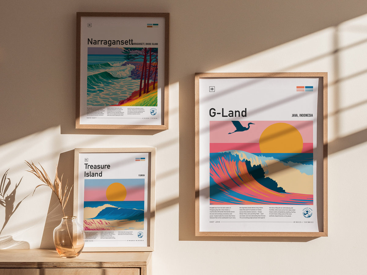 G-Land, Java, Indonesia Poster | Tropical Surf Wave Print Wall Art — styled in a modern interior