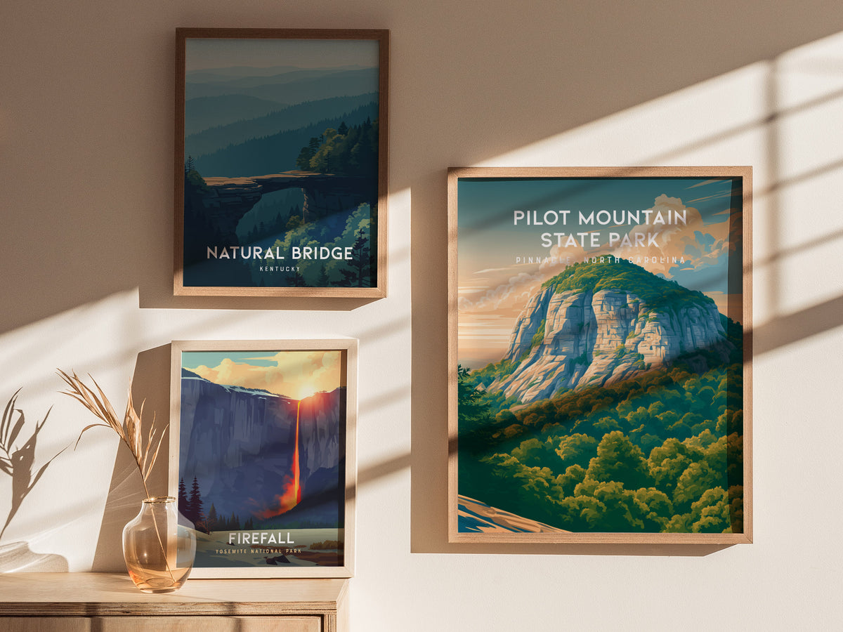 Pilot Mountain State Park, Pinnacle, North Carolina Poster | Rugged Peak & Forest Travel Wall Art — styled in a modern interi