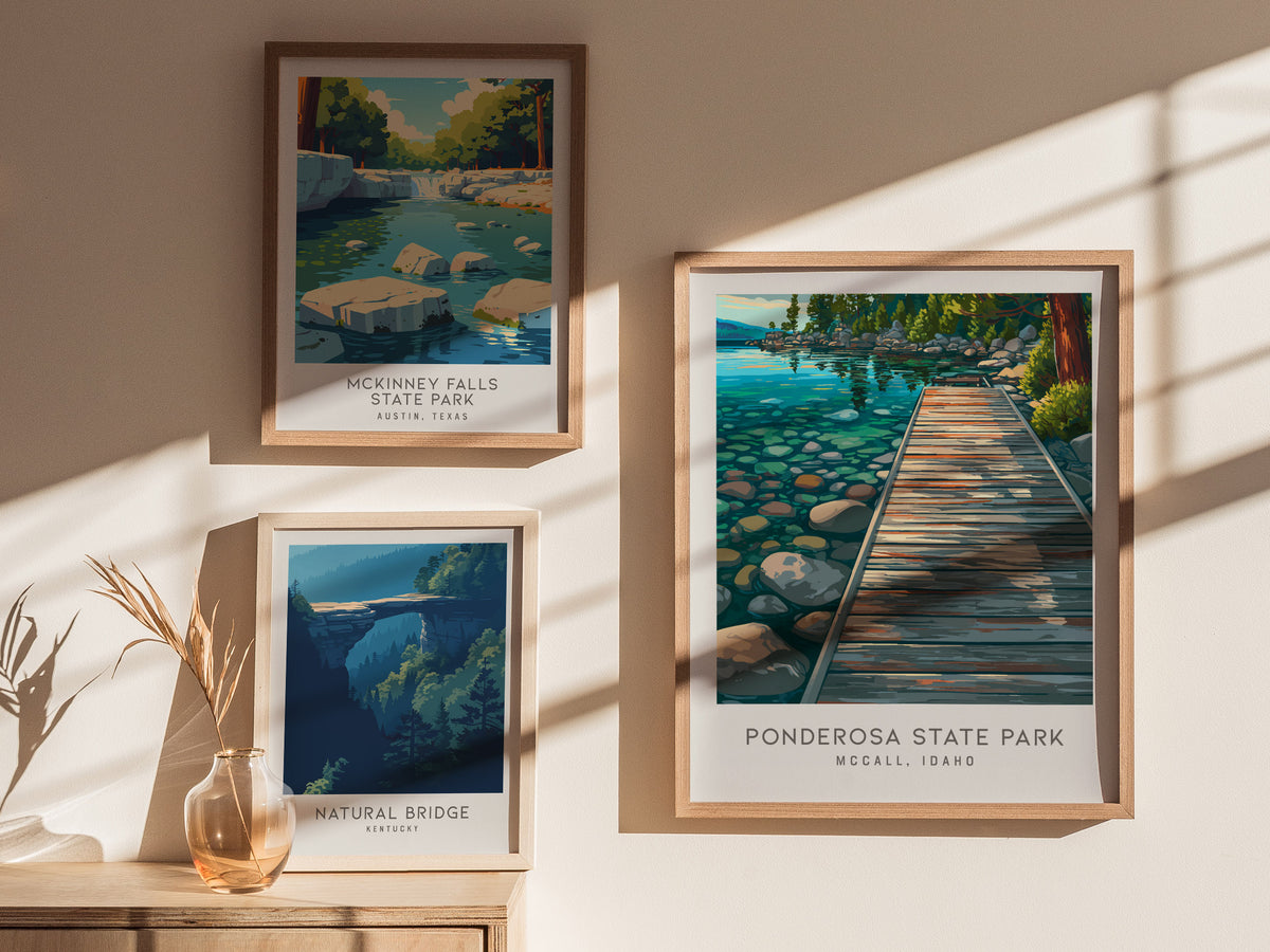 Ponderosa State Park Matte Border Poster | Mccall, Idaho Destination Print Travel Wall Art — styled in a modern interior