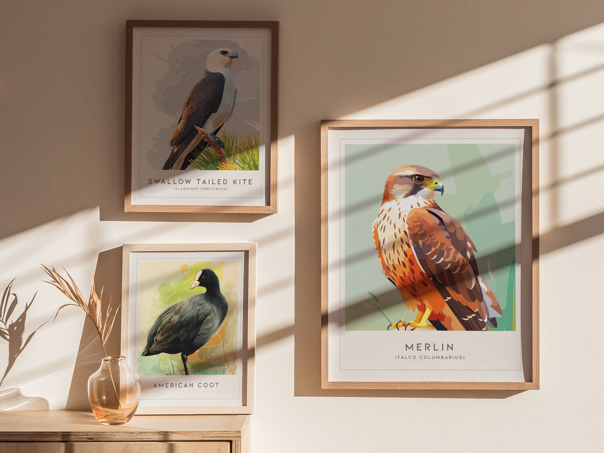 Merlin Bird Poster | Compact Falcon in Flight Wall Art — styled in a modern interior