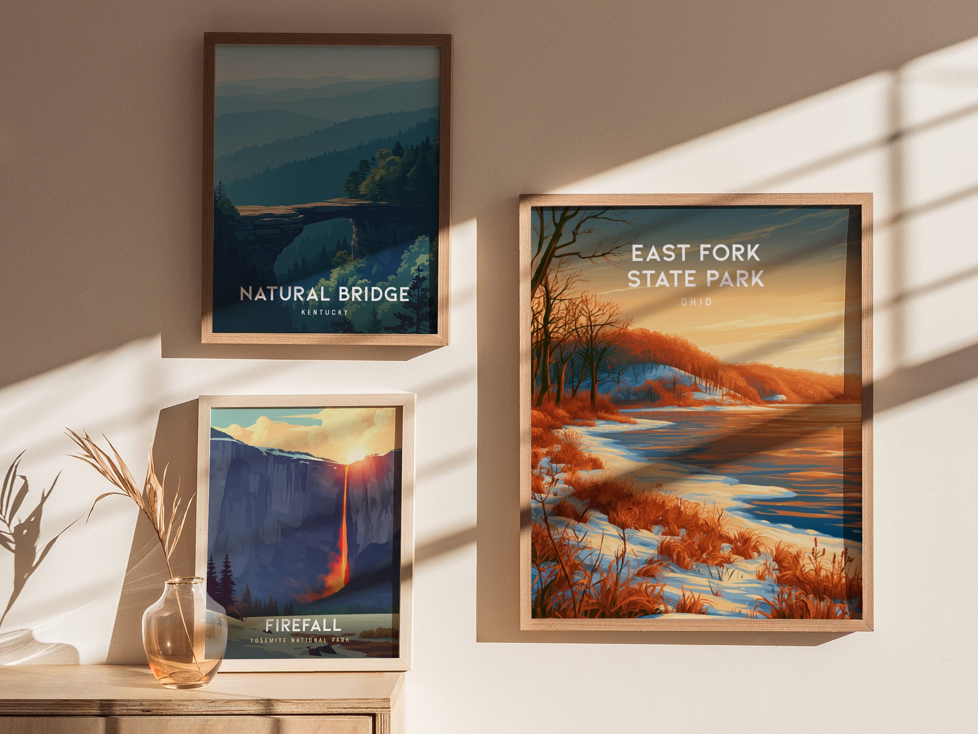 East Fork State Park, Ohio Poster | Lakeside Serenity & Rolling Hills Wall Art — styled in a modern interior
