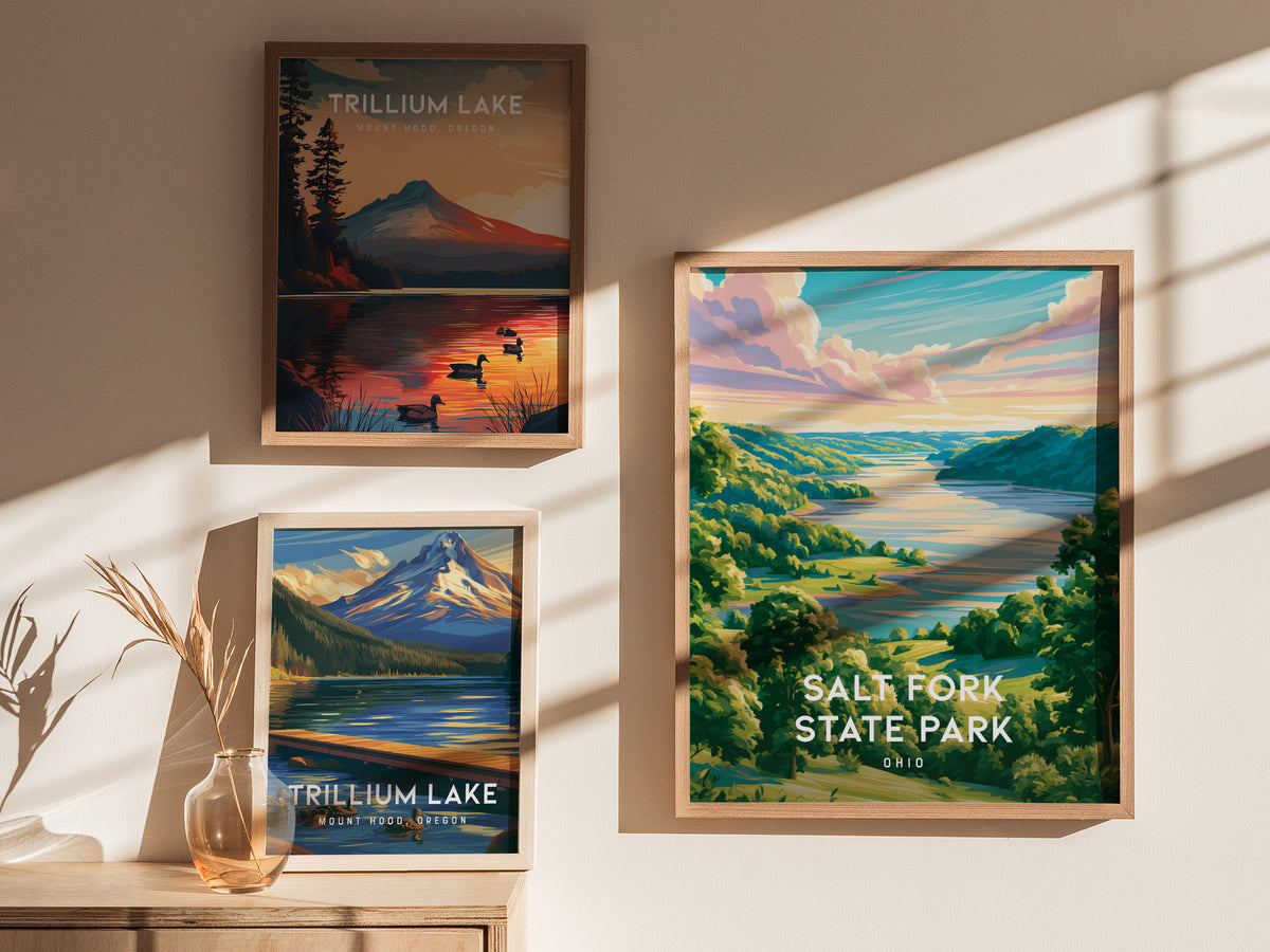 Salt Fork State Park, Ohio Poster | Lakeside Forest Retreat Wall Art — styled in a modern interior