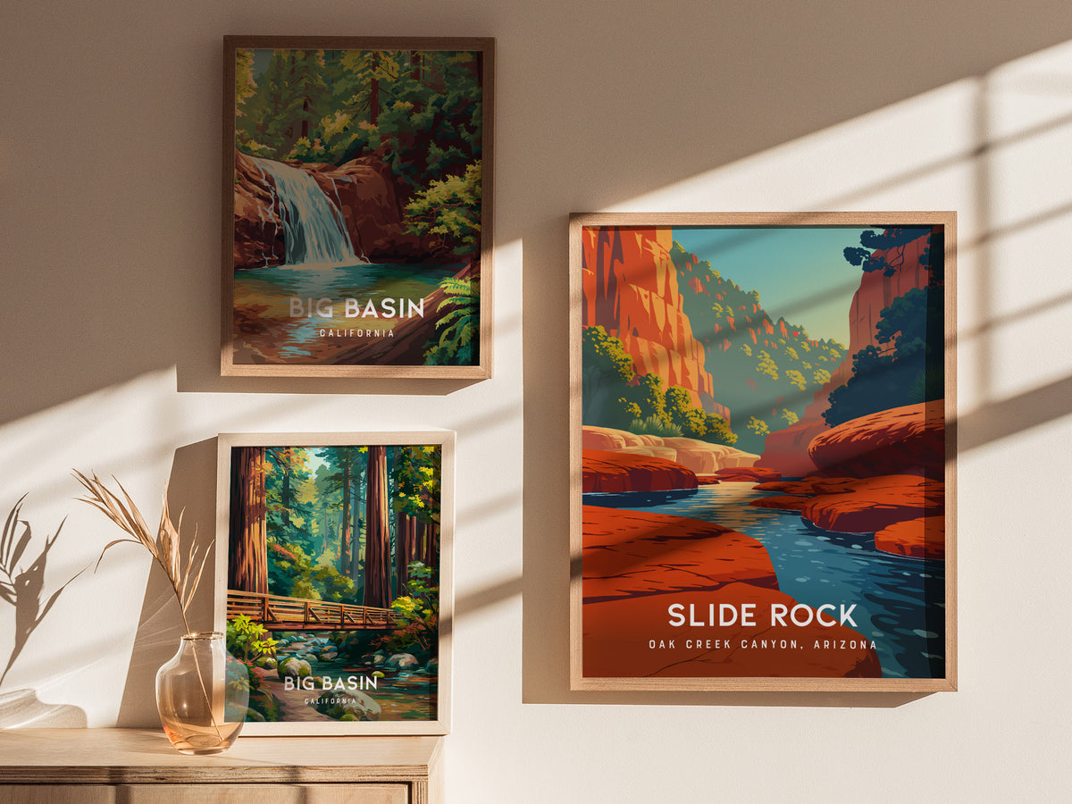 Slide Rock, Oak Creek Canyon, Arizona Poster | Red Rock Swimming Hole Travel Wall Art — styled in a modern interior