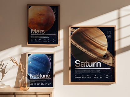 Three framed posters of planets Mars, Neptune, and Saturn are displayed on a sunlit wall, each featuring detailed planetary information and artistic illustrations.