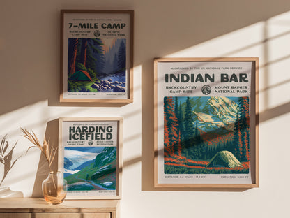 Indian Bar, Mount Rainier National Park Poster | Hiker Gift | Backcountry Trail Wall Art — styled in a modern interior