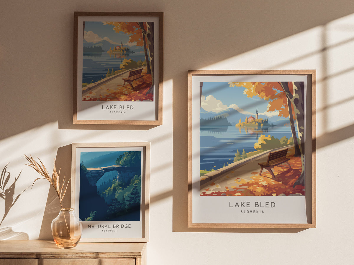Lake Bled Matte Border Poster | Slovenia Travel Wall Art — styled in a modern interior