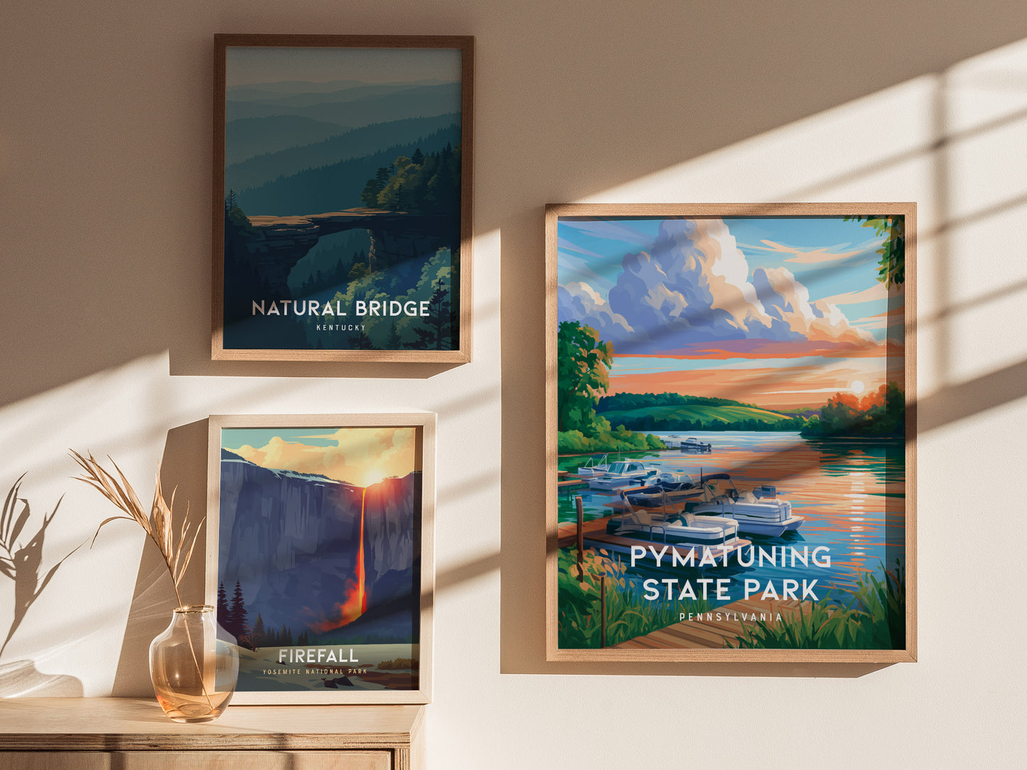 Pymatuning State Park, Pennsylvania Poster | Lakeside Geese & Spillway Wall Art — styled in a modern interior