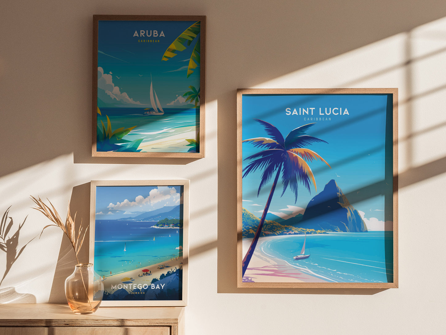 Three framed posters depict Caribbean destinations: Aruba with a sailboat, Saint Lucia featuring a palm tree and Pitons, and Montego Bay showcasing a beach scene.