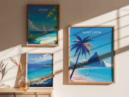 Three framed posters depict Caribbean destinations: Aruba with a sailboat, Saint Lucia featuring a palm tree and Pitons, and Montego Bay showcasing a beach scene.