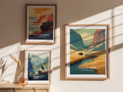 Three framed national park posters are displayed on a wall, featuring vibrant landscapes of Hawaii Volcanoes, Great Smoky Mountains, and Yellowstone with shadows cast across them.