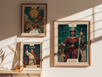A well-lit interior features three framed tarot card posters on a wall. The central poster depicts the Justice card, showing a seated figure in a purple robe holding a sword and scales, surrounded by decorative pillars.