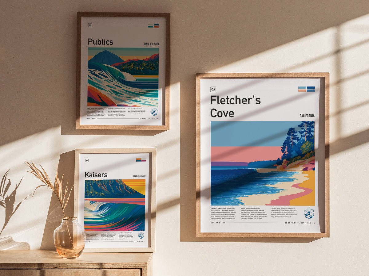 Fletcher's Cove Poster | Surf Break & Coastal Cliffs Wall Art — styled in a modern interior
