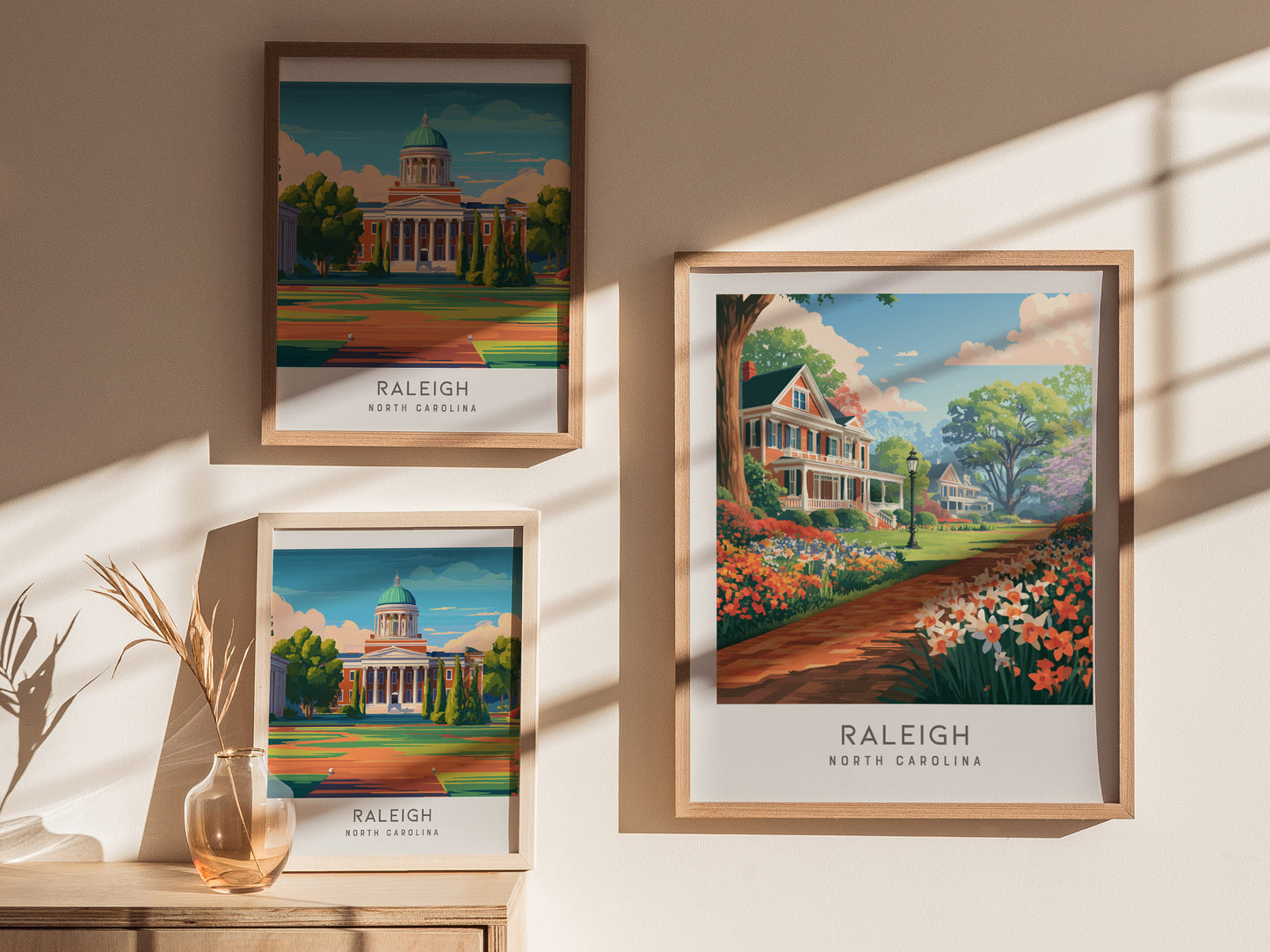 Raleigh Matte Border Poster | North Carolina Oak City Vacation Wall Art — styled in a modern interior