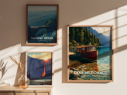 Lake McDonald, Glacier National Park, Montana Poster | Mountain Lake Reflections Destination Print Wall Art — styled in a mod
