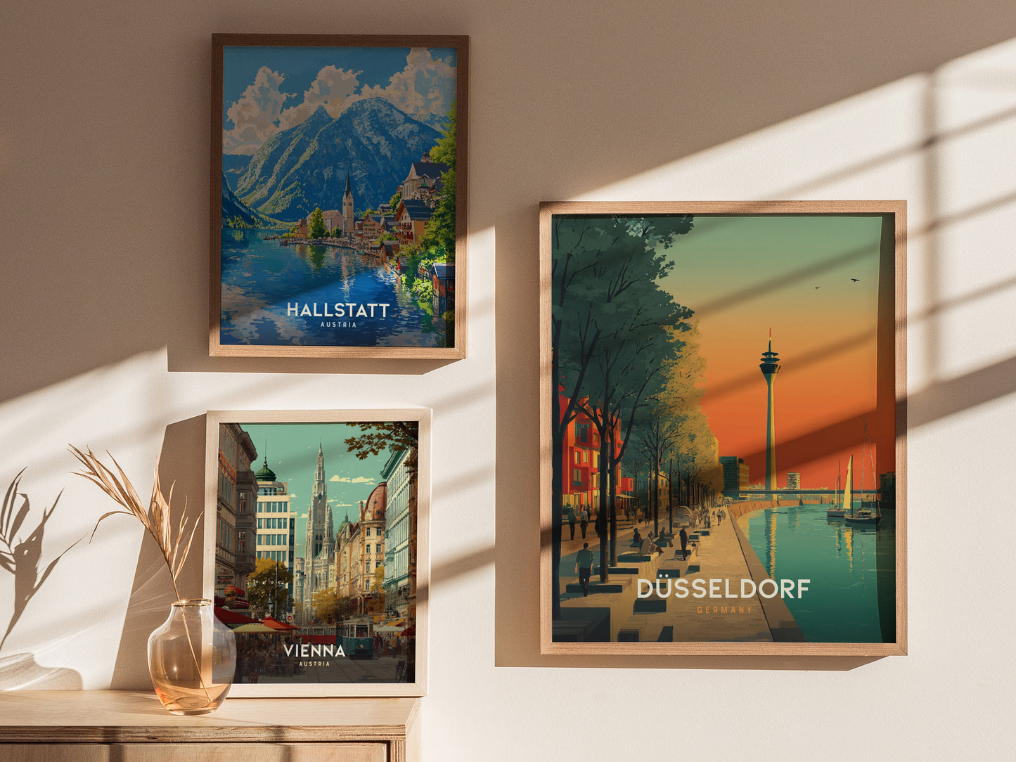 Stylized Düsseldorf cityscape poster featuring the Rheinturm, vibrant orange and teal sky, and scenic river with sailboats.