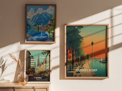 Stylized Düsseldorf cityscape poster featuring the Rheinturm, vibrant orange and teal sky, and scenic river with sailboats.