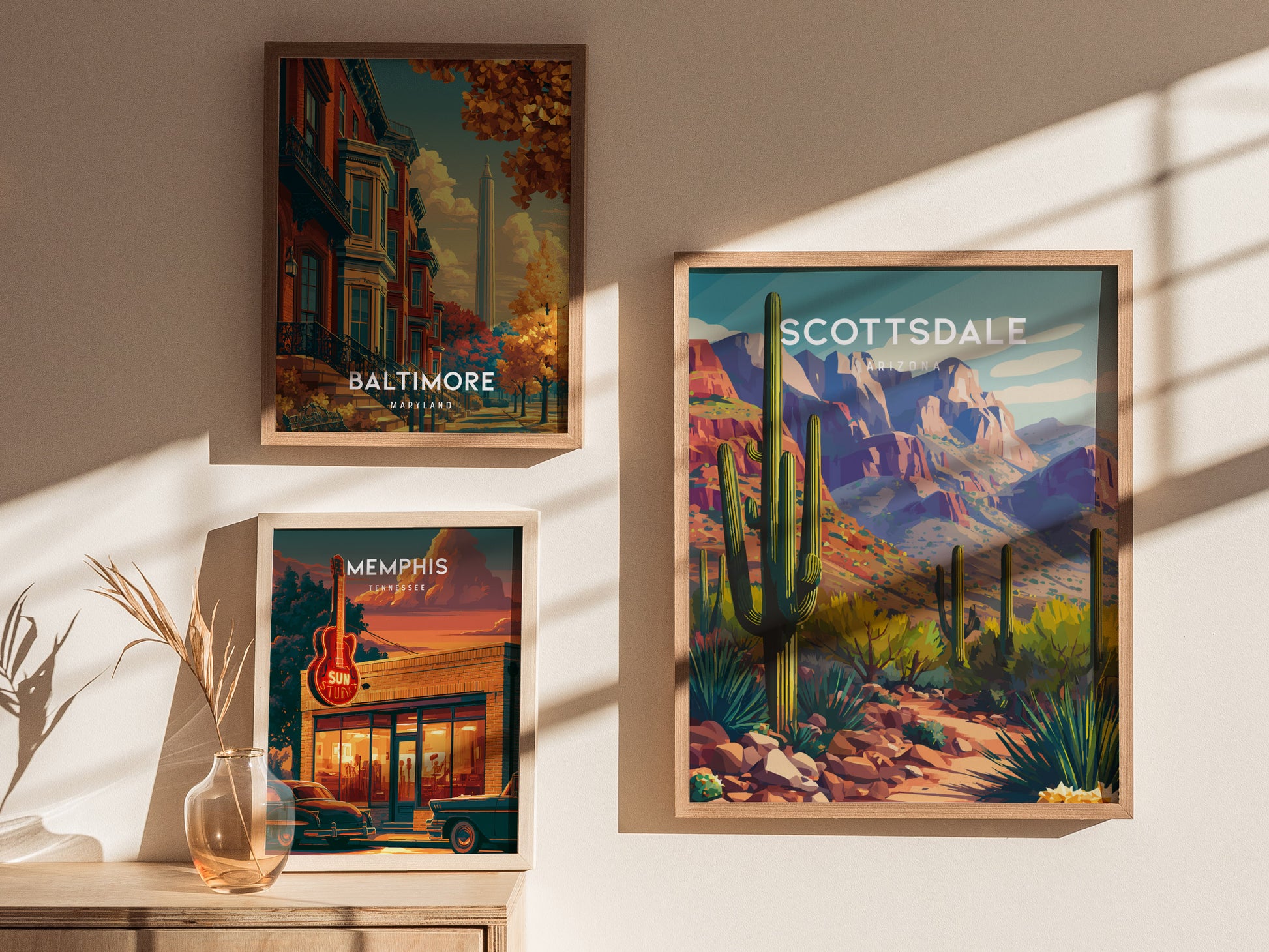 Scottsdale, Arizona Poster | Desert Sunset & Saguaro Cactus Wall Art — styled in a modern interior
