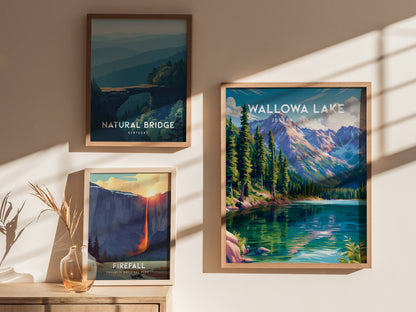 Wallowa Lake, Joseph, Oregon Poster | Mountain Lodge Destination Print Wall Art — styled in a modern interior