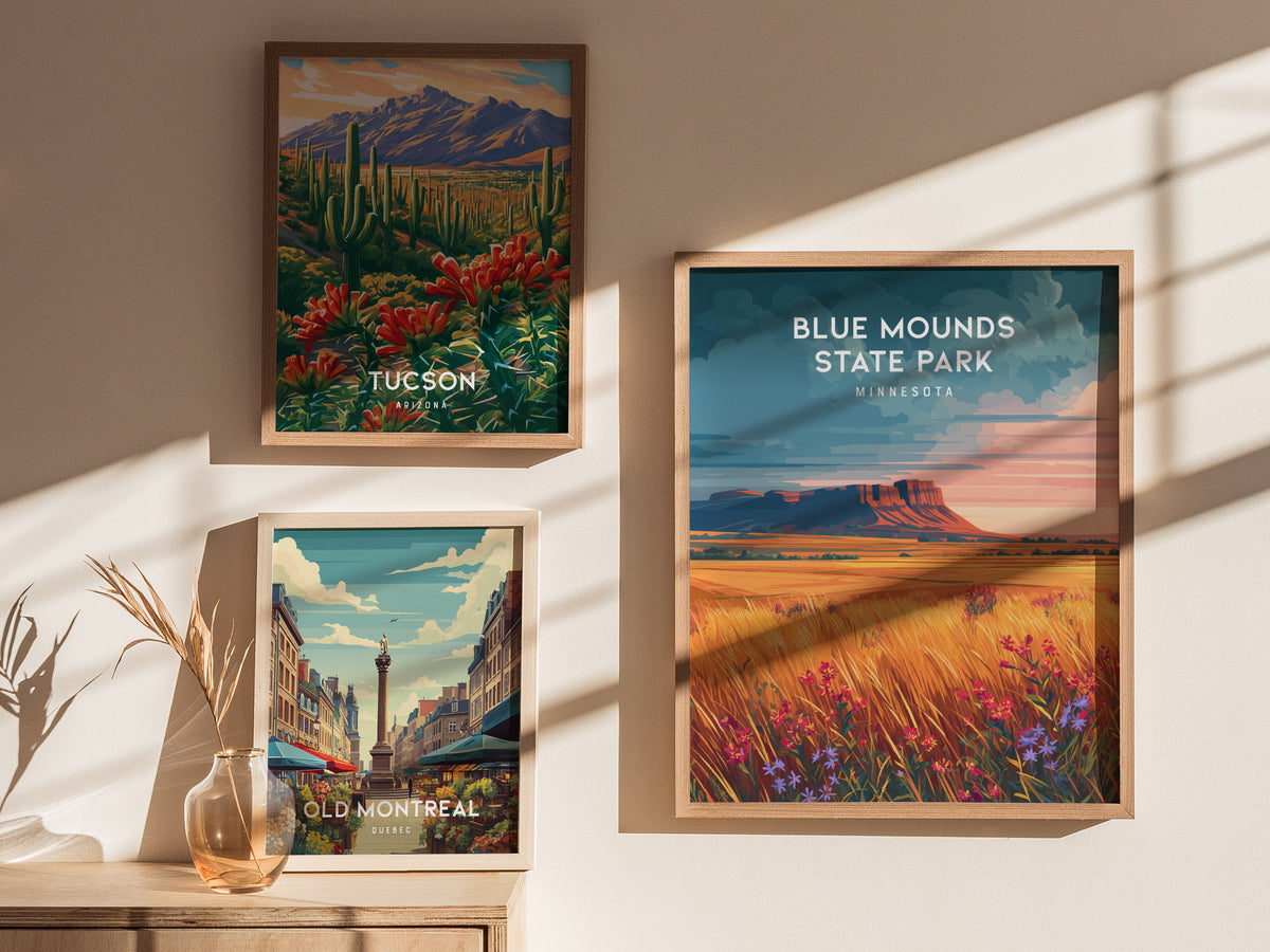 Blue Mounds State Park, Minnesota Poster | Prairie Bluffs & Bison Travel Wall Art — styled in a modern interior