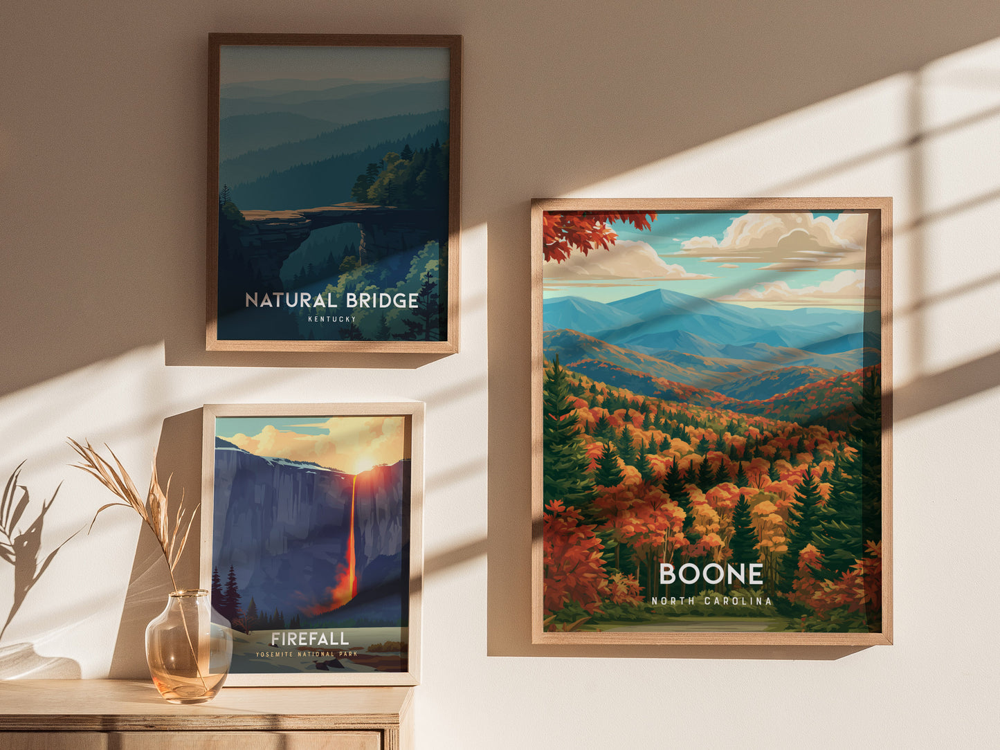 Boone, North Carolina Poster | Blue Ridge Mountain Charm Wall Art — styled in a modern interior