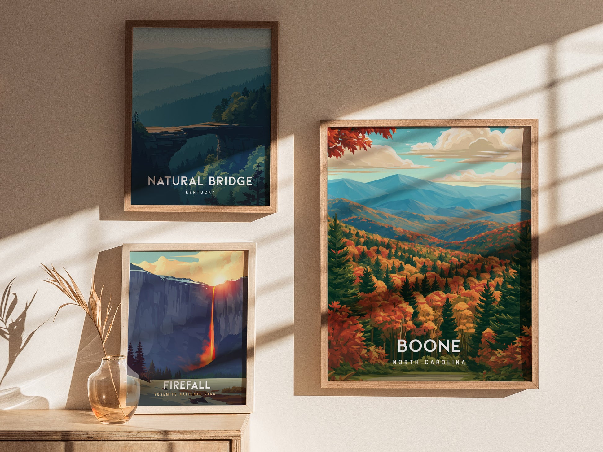 Boone, North Carolina Poster | Blue Ridge Mountain Charm Wall Art — styled in a modern interior