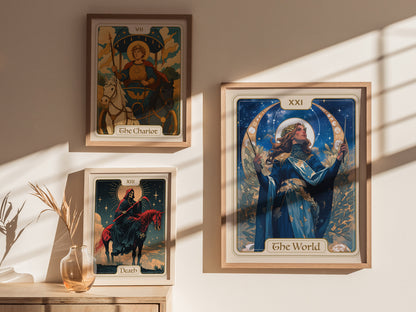 Home setting displaying framed and unframed wall art posters illustrating a crowned figure among stars and laurel leaves.
