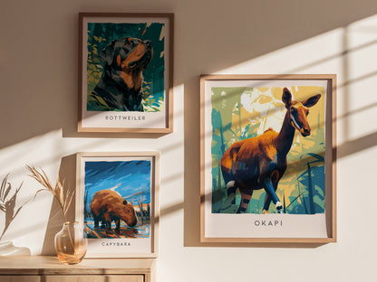 Okapi, Okapia johnstoni Poster | Rainforest Wildlife Wall Art — styled in a modern interior