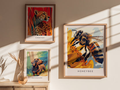 Honeybee, Wildlife Poster | Golden Pollinator Botanical Garden Wall Art — styled in a modern interior