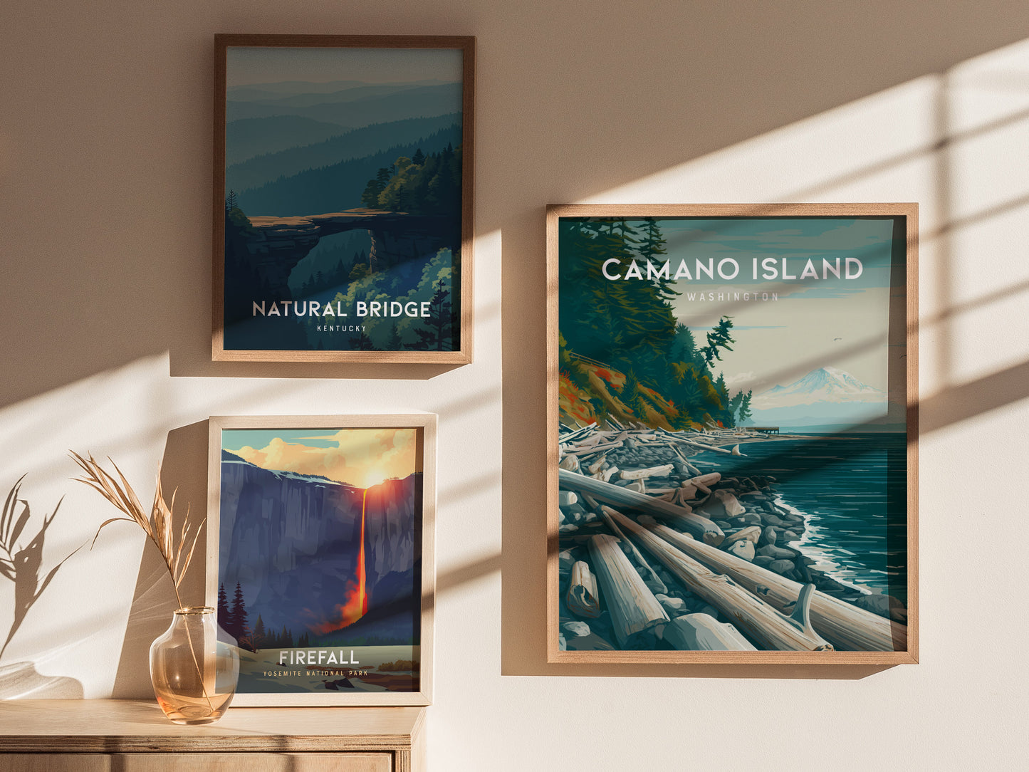 Camano Island, Washington Poster | Evergreen Shores & Heron Coastal Wall Art — styled in a modern interior