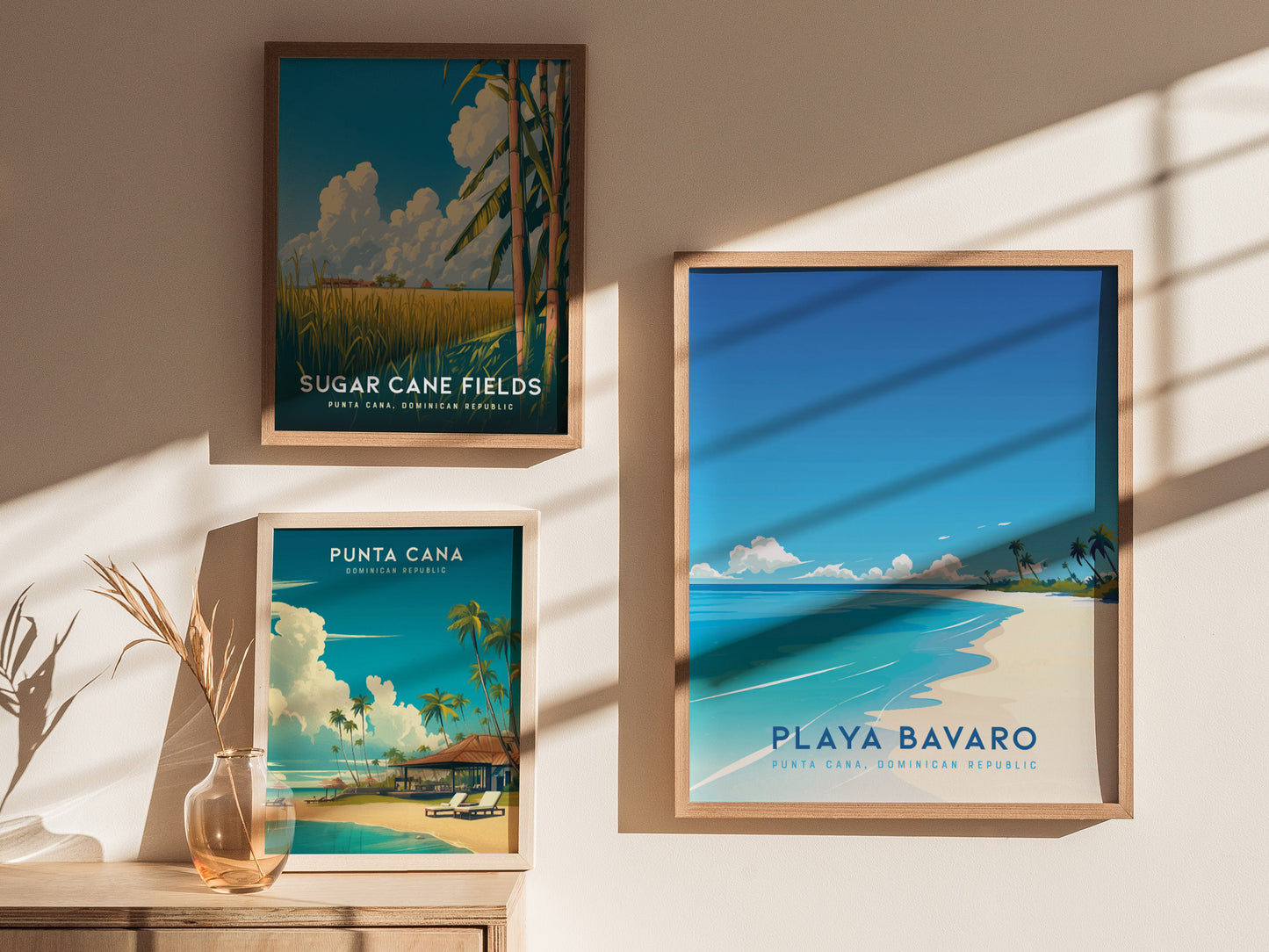 Framed Punta Cana beach poster featuring Playa Bavaro's turquoise sea, sandy shore, and palm trees, perfect travel art decor.