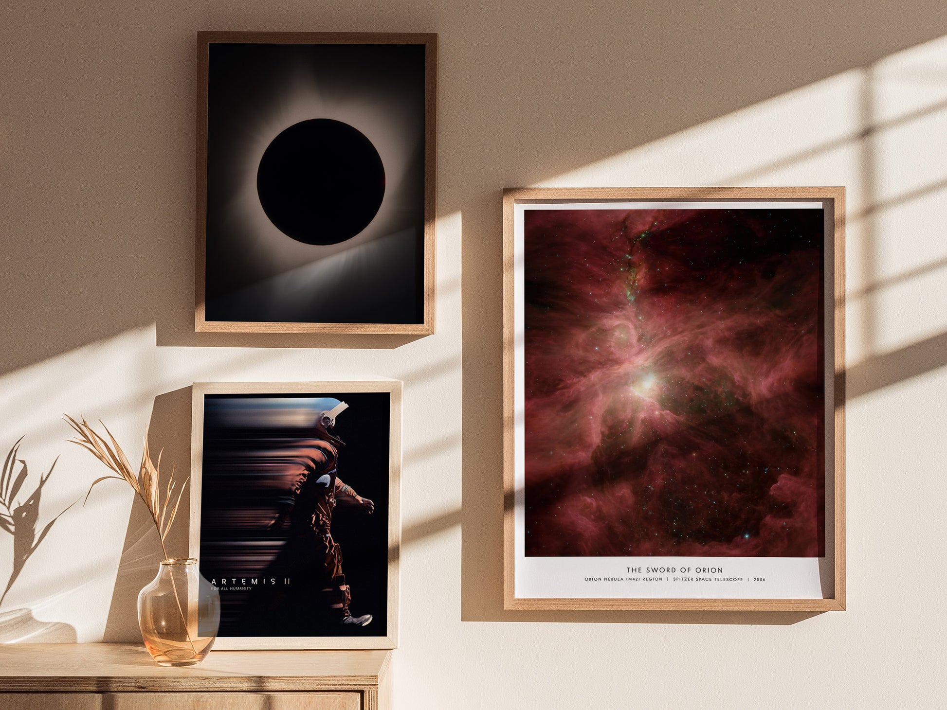 Gallery wall featuring the Sword of Orion poster paired with an Orion Nebula M42 close-up print