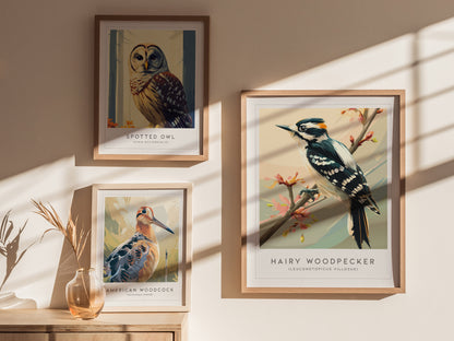 Hairy Woodpecker Poster | Bold Forest Bird Illustration Wall Art — styled in a modern interior